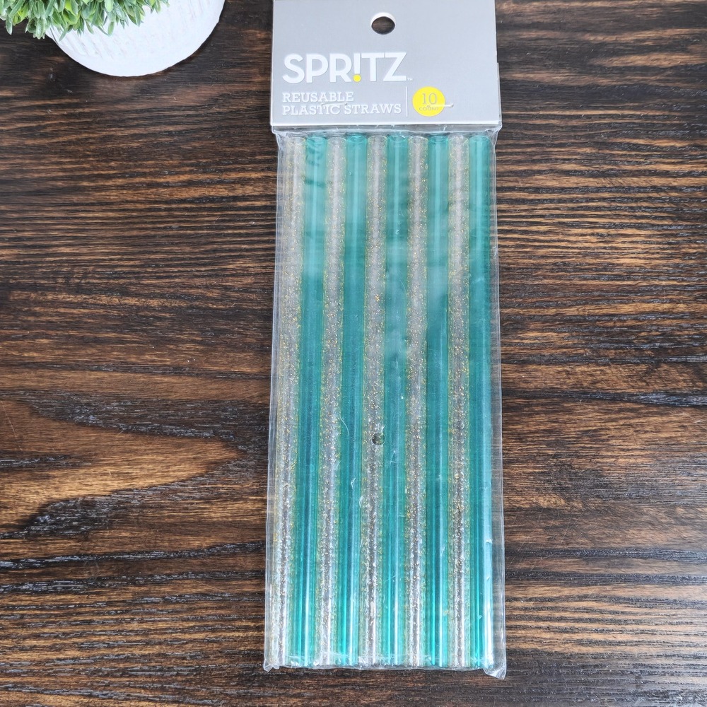 Spritz Reusable Plastic Straws Teal Glitter 10‎ Count